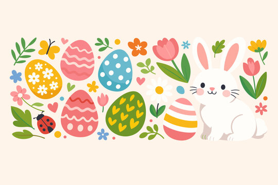 Happy Easter Horizontal Banner and Greeting Card Header for Website with Cute White Bunny, Colorful Patterned Easter Eggs, Spring Flowers, Butterfly, and Ladybug in Flat Vector Illustration Style