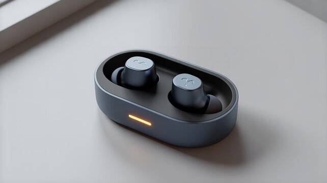 Modern design of blue wireless earbuds with charging case on white surface.