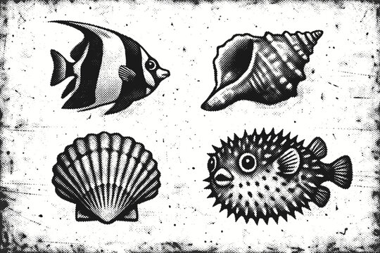 Retro Ocean Elements Set with Photocopy Effect for Collages Featuring Sea Fish Angelfish Pufferfish and Seashells Conch Scallop in Vintage Halftone Grunge Style Vector Illustration Graphics