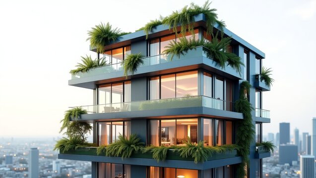 Modern multistory building with green plants on balconies overlooking cityscape at dusk with warm interior lighting visible through large windows and glass railings