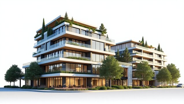 Modern multistory building with balconies and green roofs on white background