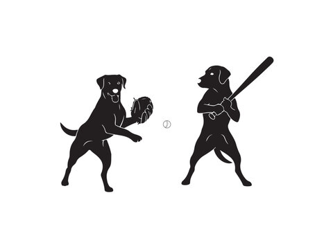 Two black dog silhouettes playing baseball with a ball and bat.eps