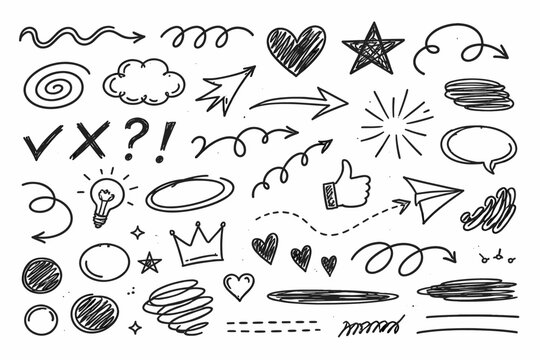 Hand Drawn Doodle Scribble Elements Set with Arrows, Hearts, Stars, Clouds, Lightbulb, Crown, Speech Bubble, Thumbs Up, and Abstract Symbols Isolated on White Background for Graphic Design Projects.