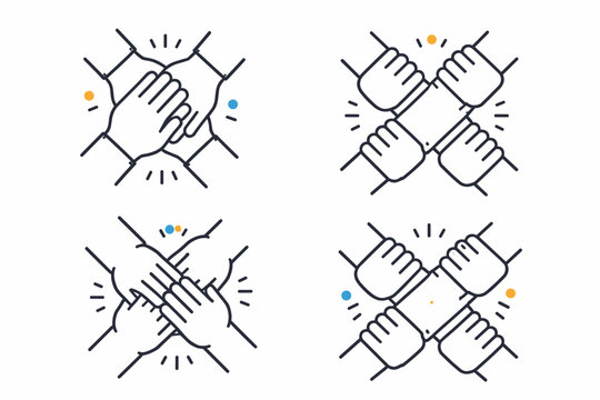 Set of line art icons featuring four hands supporting each other, joining a team, and collaborating. Concepts of unity, partnership, community, and business teamwork for success and connection.
