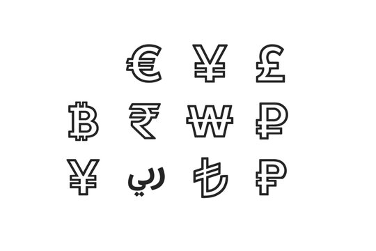 Set of World Currency Symbols with Editable Stroke. Simple Flat Vector Illustration of Global Money Icons Including Dollar, Euro, Yen, Pound, Bitcoin, Rupee, Won, Ruble, Lira, and Rial for Banking.
