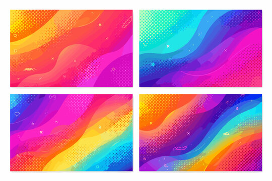 Set of four vibrant abstract backgrounds featuring eye-catching halftone dotted patterns and fluid wavy gradients. Modern colorful vector illustrations for creative posters and digital designs.