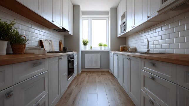 A bright and minimalist galley kitchen featuring white subway tile warm wood countertops and natural light