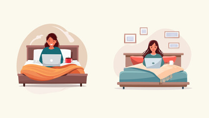 Obraz premium Young woman comfortably working on a laptop in bed with a cup of coffee, modern lifestyle illustration