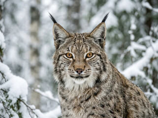Obraz premium Side profile of a lynx sitting in the winter snow