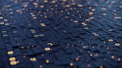 Fototapeta premium Abstract digital background with glowing orange zeros and ones on dark blue square blocks, representing binary code, data processing, and modern computing technology.