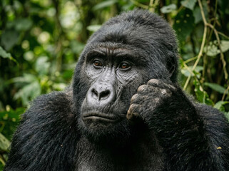 Fototapeta premium Silverback mountain gorilla portrait in the dense forest