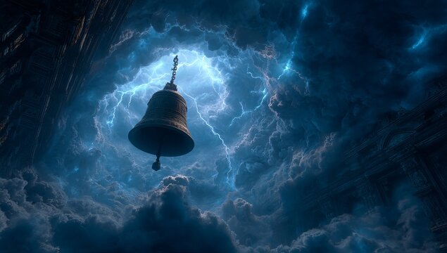 An ancient bell hangs suspended against a dark stormy sky with bright blue lightning strikes illuminating the dramatic clouds
