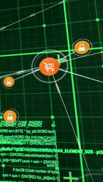 Vertical video: Cart nodes pulsing on orders, linking locks and scaling, showing ecommerce security