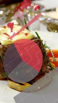 Vertical video: Food steak sitting on potato, motion starting, charts sliding, showing dish sides