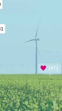 Floating wind turbines above green crop showing faint alert bubbles, icons and counters changing