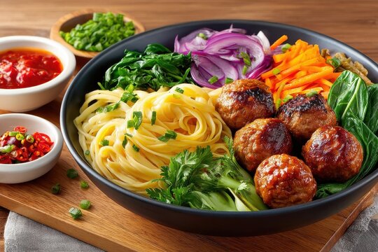 Indonesian meatball noodle bowl with vegetables, herbs and spicy sauces