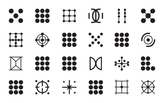 Abstract geometric pattern icons and dot grid symbols for branding identity and logo design elements.