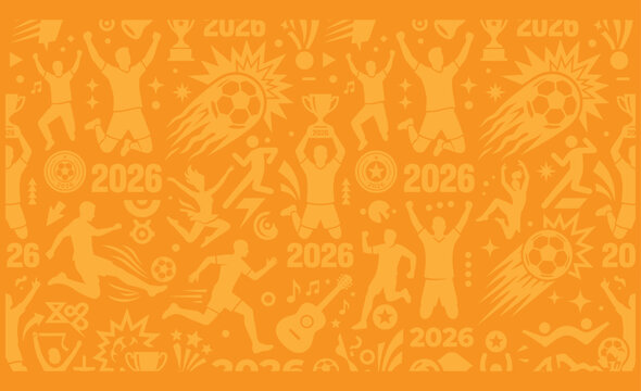 Golden yellow soccer pattern featuring 2026 world cup championship silhouettes and trophy icons.