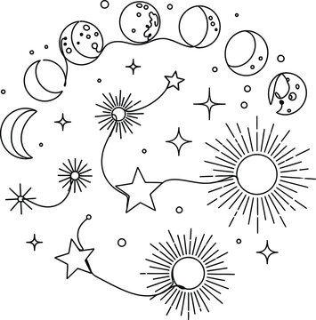 Celestial outline illustration of moon phases, suns, and stars