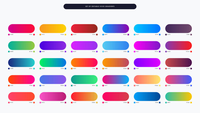 Modern set of 30 rounded vivid gradients, colorful vibrant button UI elements, bright neon color palette collection for web and app design