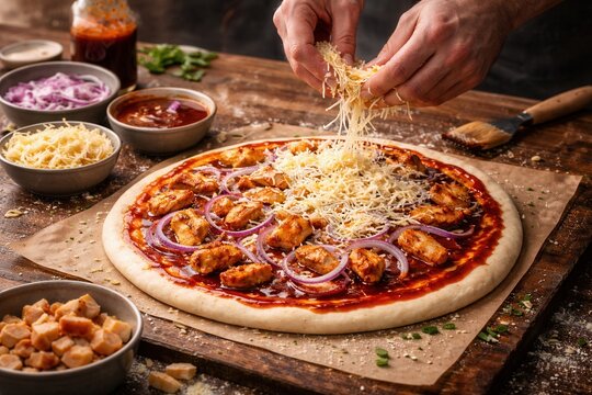 BBQ Chicken Pizza wird mit K&auml;se und roten Zwiebeln belegt
H&auml;nde streuen K&auml;se &uuml;ber eine BBQ Chicken Pizza mit roten Zwiebeln und mariniertem H&auml;hnchen auf rustikaler Arbeitsfl&auml;che