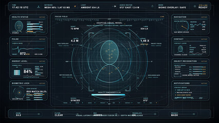 Fototapeta premium Futuristic Bionic Vision HUD Interface with Facial Recognition, Biometric Security, Augmented Reality Navigation and Sci-Fi Data Overlay