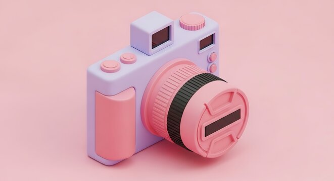 Pink and purple toy camera with lens and buttons