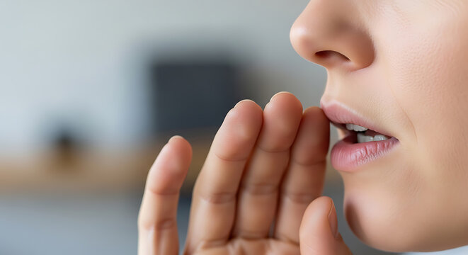 A close-up shot of a person whispering a secret into someone's ear, with their hand cupped around their mouth.