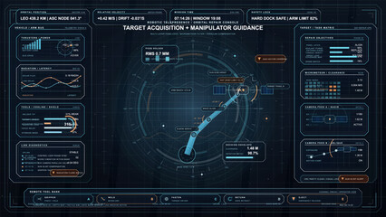 Futuristic orbital repair console with robotic manipulator arm guidance, target acquisition telemetry and spacecraft docking diagnostics interface © Антон Сальников
