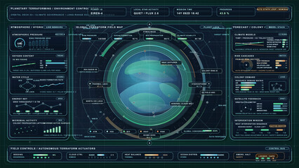 Fototapeta premium Futuristic Planetary Terraforming Control Dashboard with Climate Engineering Analytics, Colony Systems Monitoring and Sci-Fi Environment HUD