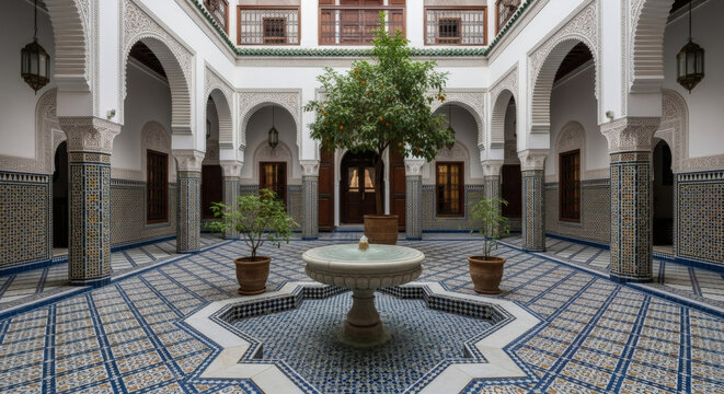 Traditional Moroccan riad courtyard interior with marble fountain zellige floor and arched colonnades