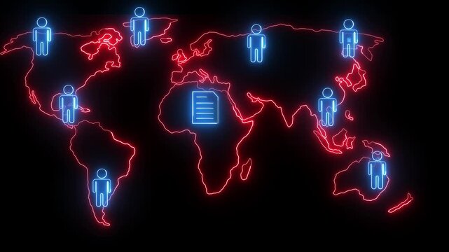 A futuristic world map displaying global network connections with glowing neon human icons and document symbols, representing international collaboration, secure data exchange