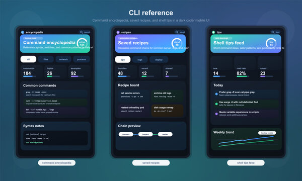 CLI reference dashboard UI with command encyclopedia and shell tips