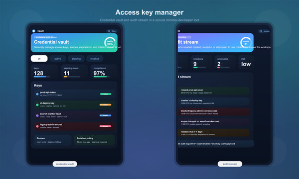 Modern Access Key Manager Mobile App UI with Credential Vault, Audit Stream, Cybersecurity Dashboard and Dark Developer Tool Interface