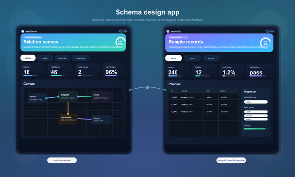 Database schema design app UI with records preview