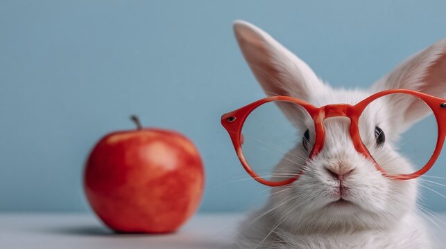 White rabbit wearing oversized orange glasses sits beside a red apple on a light blue background, showcasing a playful and whimsical scene with vibrant colors