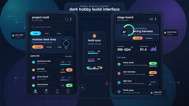Dark mobile UI for maker project tracker with task board