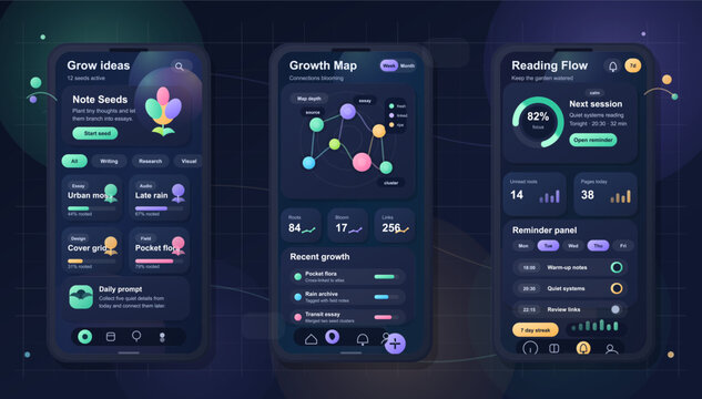 Dark mode mobile UI for knowledge tracking and growth app