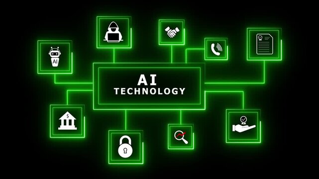 Artificial intelligence technology network connecting diverse icons representing innovation. AI and digital technology powering networks, security, and finance.