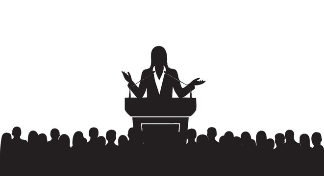 silhueta de mulher falando ao microfone em p&uacute;lpito para multid&atilde;o conceito lideran&ccedil;a comunica&ccedil;&atilde;o e orat&oacute;ria em publico