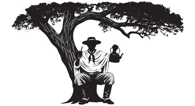 silhueta de um ga&uacute;cho do rio grande do sul sentado abaixo de uma &aacute;rvore tomando chimarr&atilde;o tradi&ccedil;&atilde;o e cultura sulista isolado sobre fundo branco