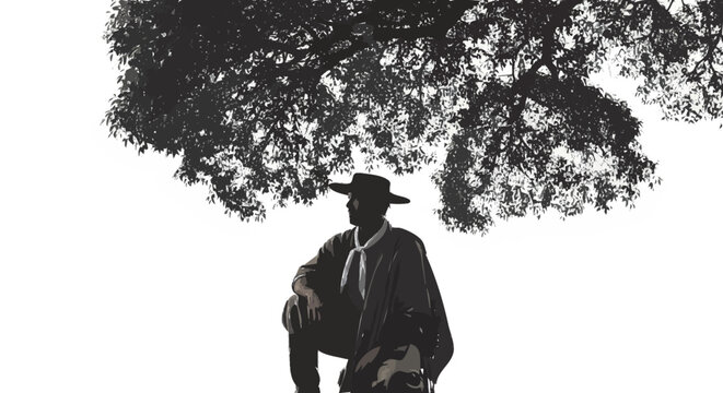 Fazendeiro com Chap&eacute;u Sentado sob &Aacute;rvore no Campo &mdash; Vida Rural Silhueta