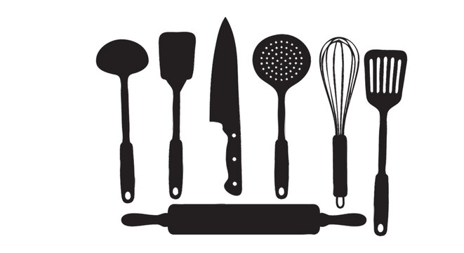 Conjunto de Utens&iacute;lios de Cozinha &mdash; Esp&aacute;tula, Faca, Concha e Fouet Silhueta