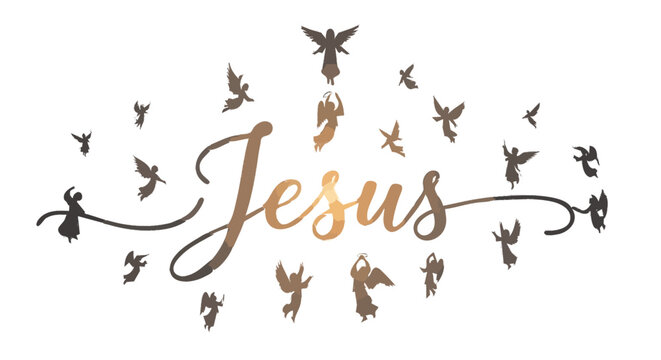 banner de jesus com anjos ao redor isolado em fundo branco conceito religioso espiritual