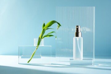 Minimalist setup featuring a green plant and a white perfume bottle on clear acrylic stands