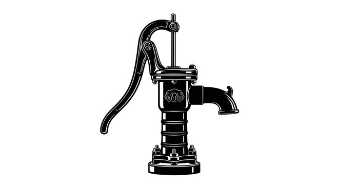Vintage cast iron well water pump with ornate detailing and robust lever mechanism isolated on a clean white background evoking rustic charm and historical resourcefulness