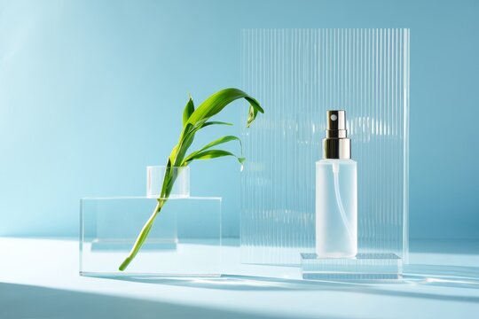 Minimalist setup featuring a green plant and a white perfume bottle on clear acrylic stands