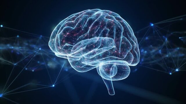 Translucent glowing brain with neural connections and abstract digital network background, symbolizing AI and cognitive processing.