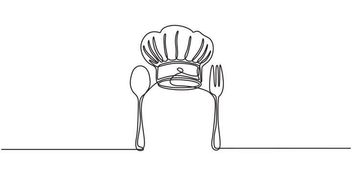 Continuous Line Drawing Chef Hat Spoon Fork Emblem. Professional Cooking Culinary Symbol Vector Art .Continuous Line Drawing Chef Hat Spoon Fork Emblem. one line Icon drawing with white background, 