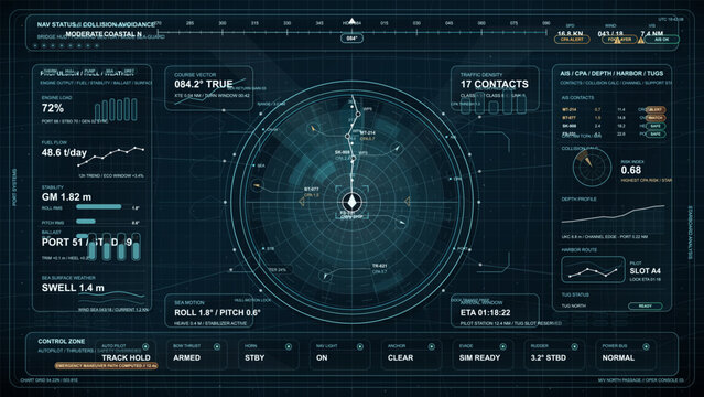 Futuristic marine navigation dashboard interface with radar display, vessel traffic monitoring, course vector data, engine metrics, sea state information and autonomous ship control panels